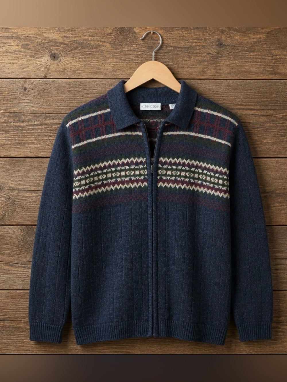 Cherokee Men's Navy Zip-Up Sweater with Pattern